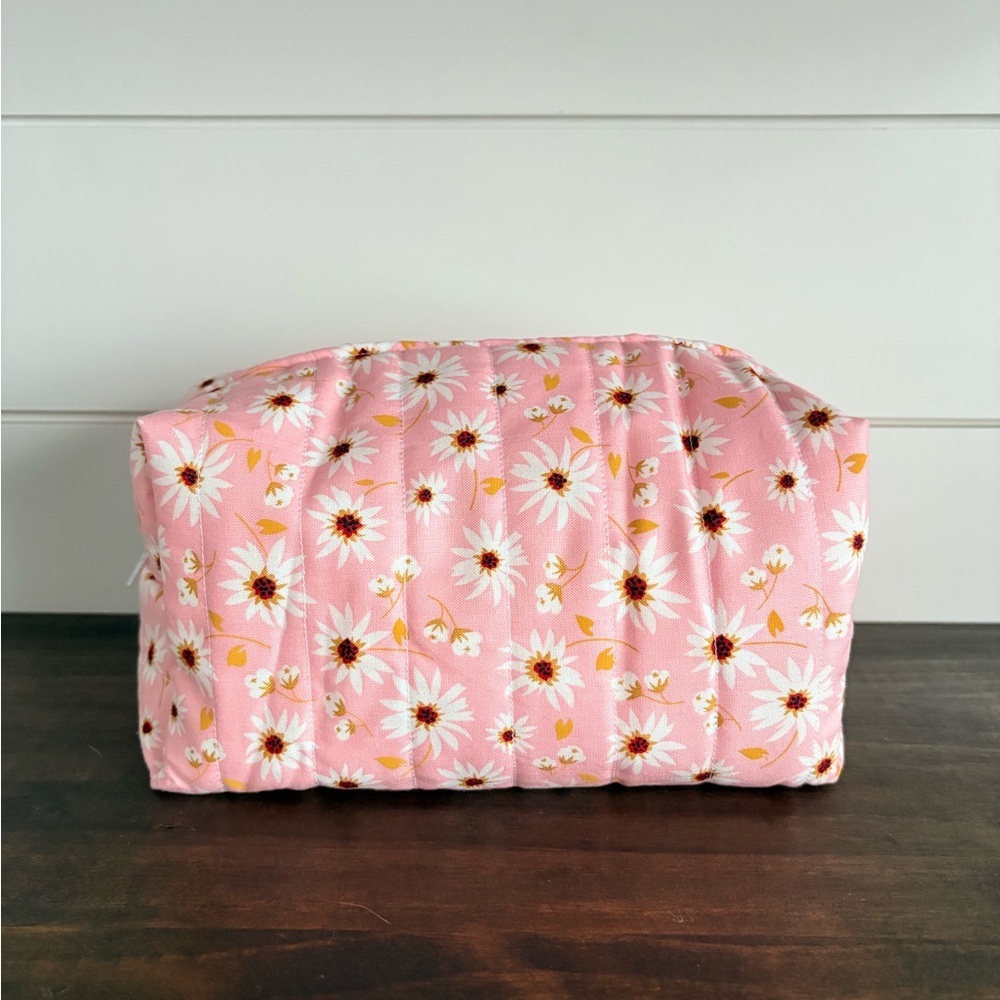 Handmade Flower Print Cosmetic Make Up Bag Pink/White Sz OS
